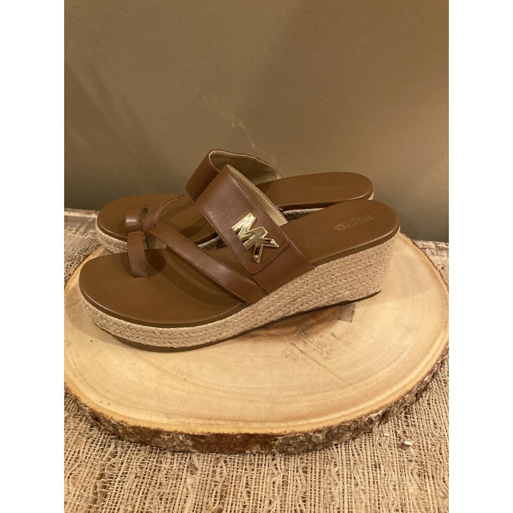 Michael Kors Women's Sidney Leather Espadrille Wedges Sandals Luggage Sz-10 - Picture 5 of 9